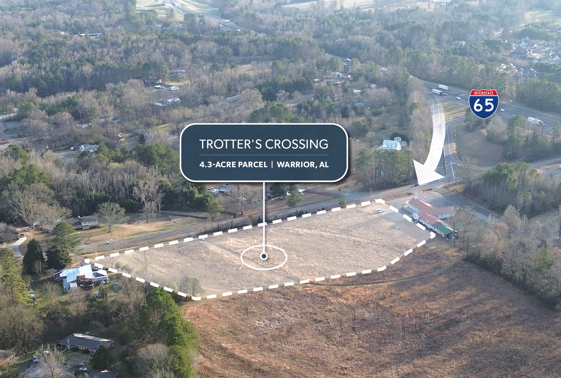 Aerial view of land for sale at Trotter's Crossing near I-65, with outlined property and highway.