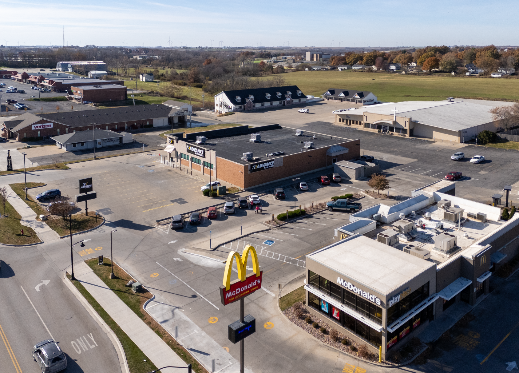 Aerial view of a McDonald's and an neighboring Advance Auto Parts
