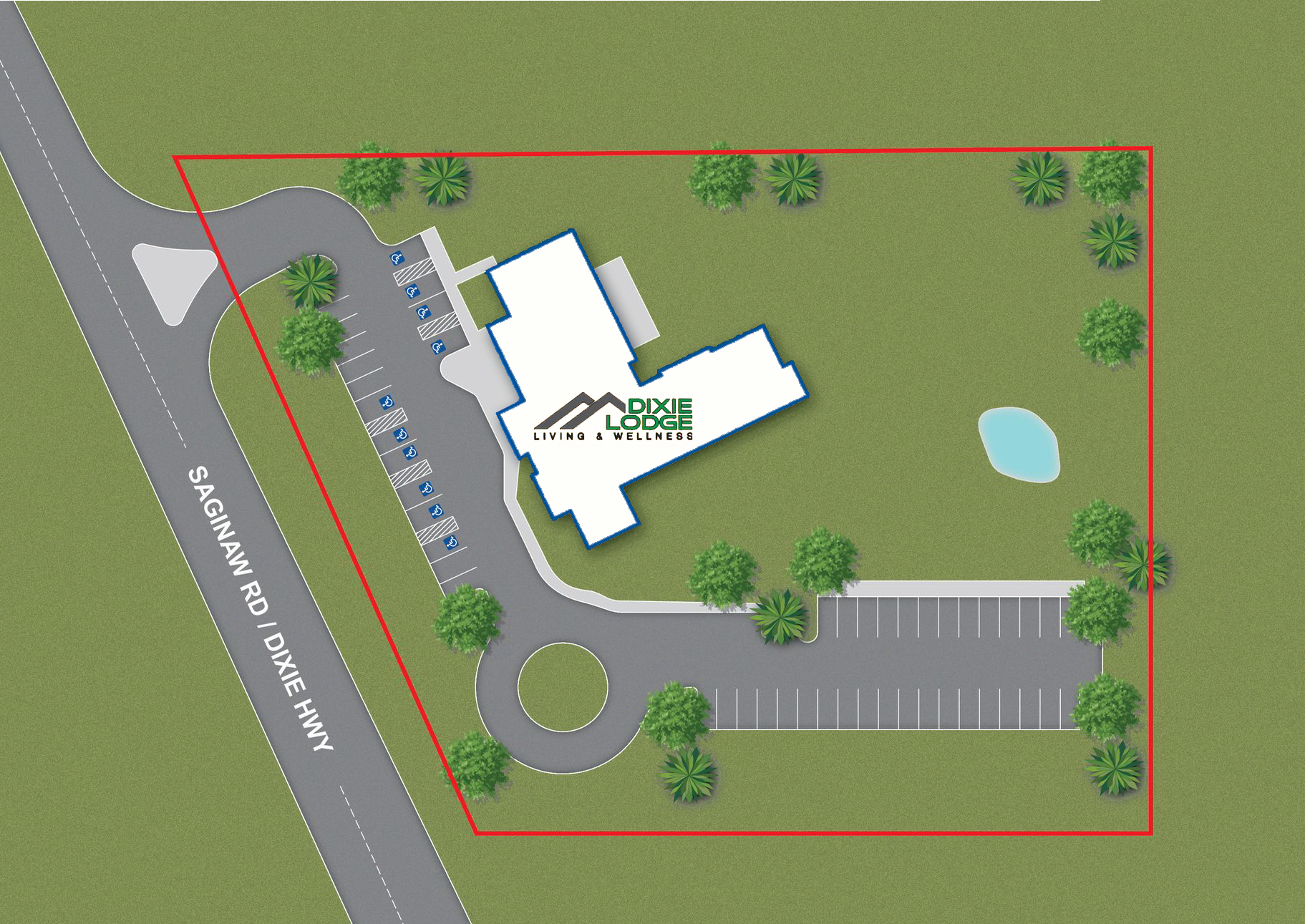 Top-down view of a building and property with a parking area, trees, and a small pond, bordered by a road and a red outline.