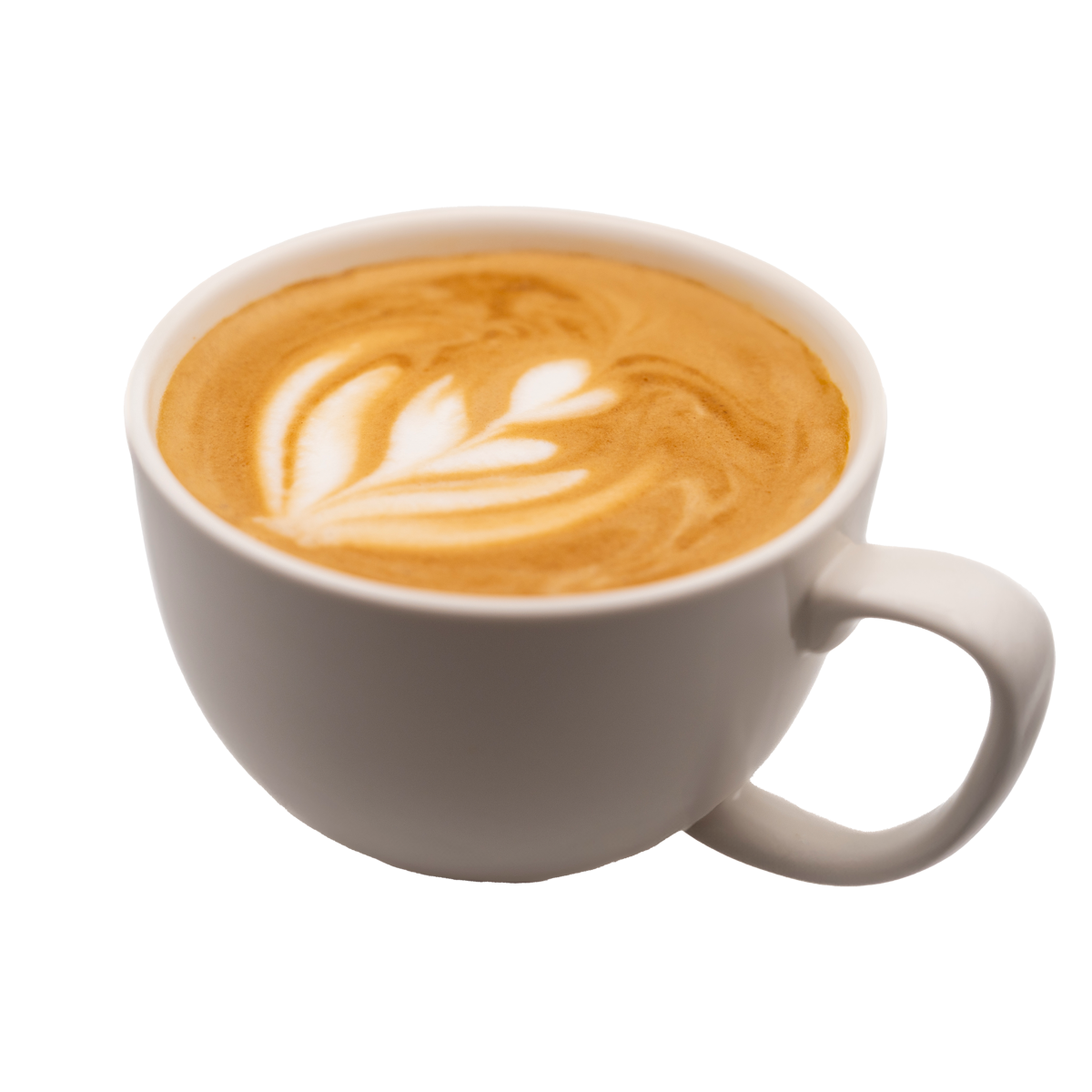 A cup of cappuccino with a leaf design on the foam