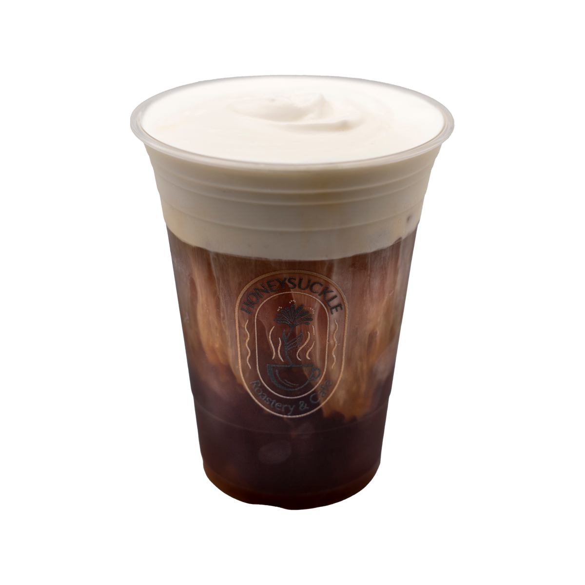 A cup of coffee with whipped cream on top on a white background.