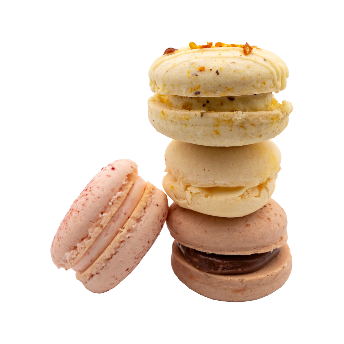 A stack of macarons with different flavors on a white background.