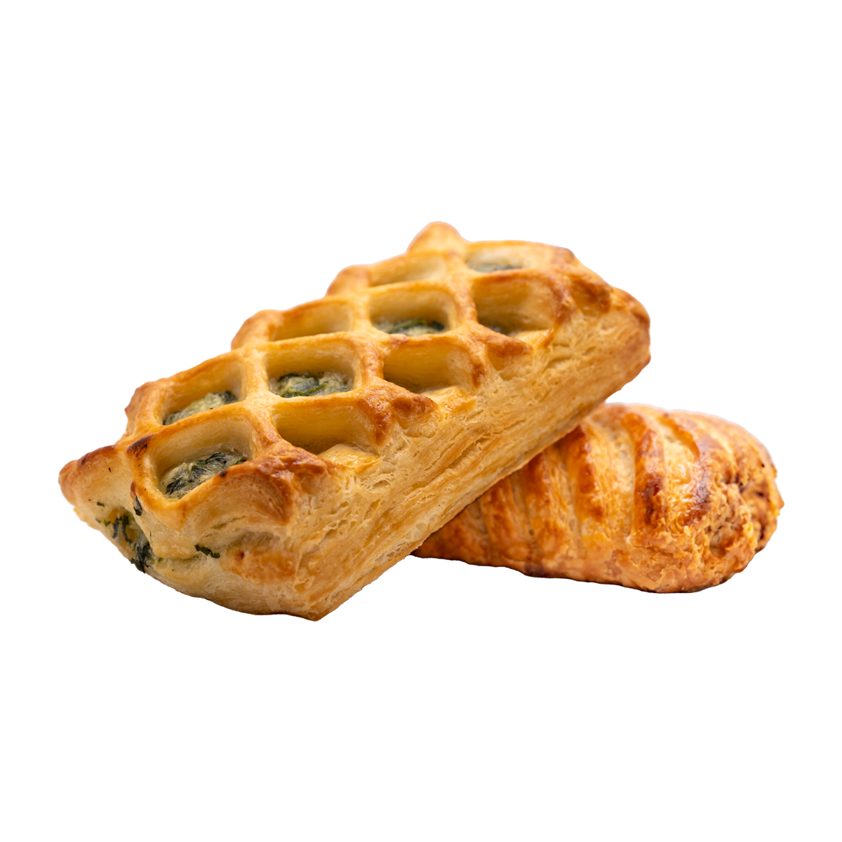 Two pastries are stacked on top of each other on a white background.