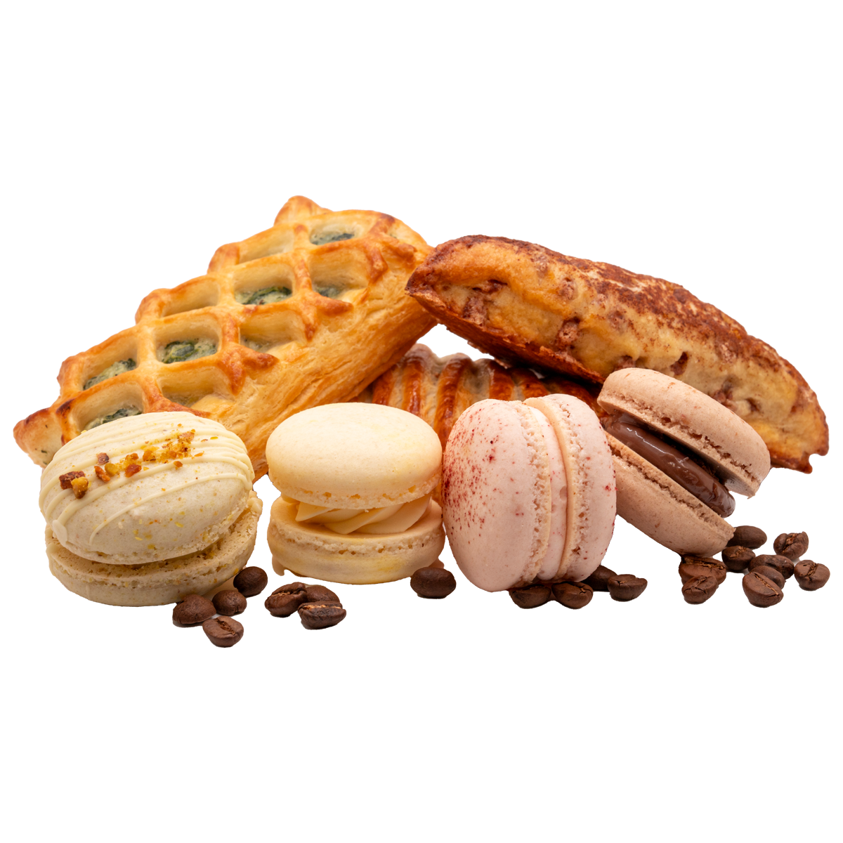 A variety of pastries and coffee beans on a white background