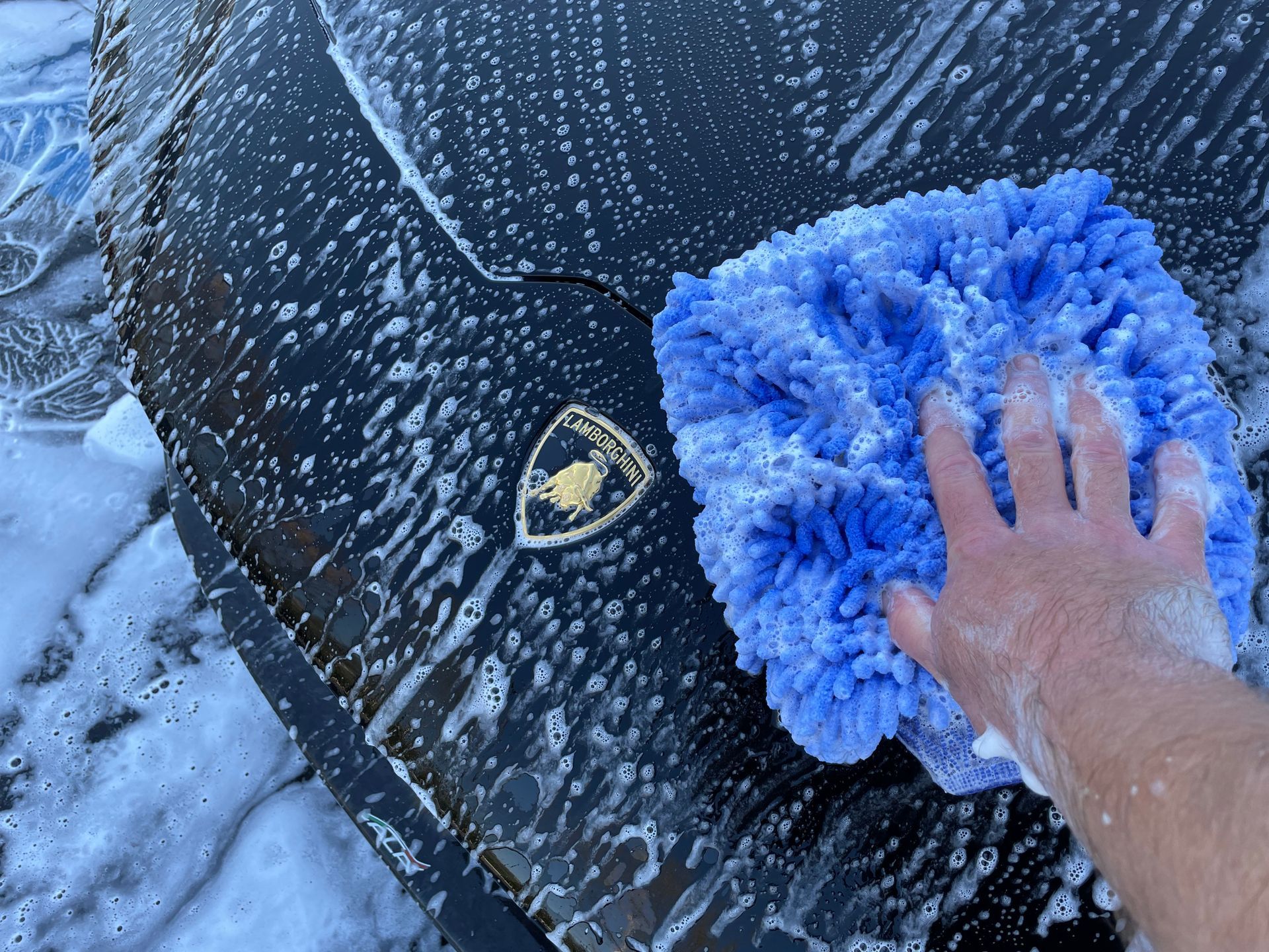 Hand washing a black Lamborghini hood with a blue, foamy wash mitt.