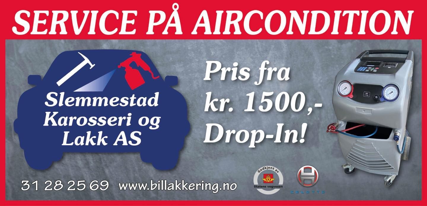 Annonse for service av klimaanlegg. Med bilde av bilen, utstyr og tekst på norsk.