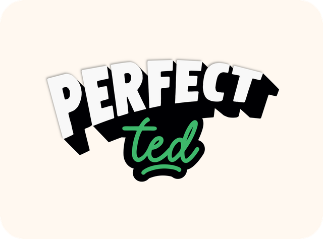Logo with "PERFECT" in white, block letters, over green cursive "ted" on a black background.