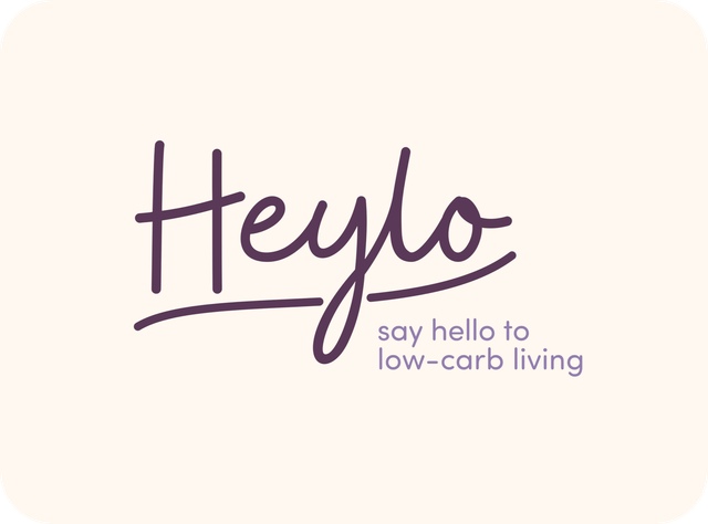 Heylo logo with purple script and tagline, "say hello to low-carb living".