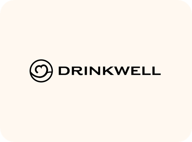 Drinkwell logo with a heart-shaped symbol inside a circle and the text "DRINKWELL."