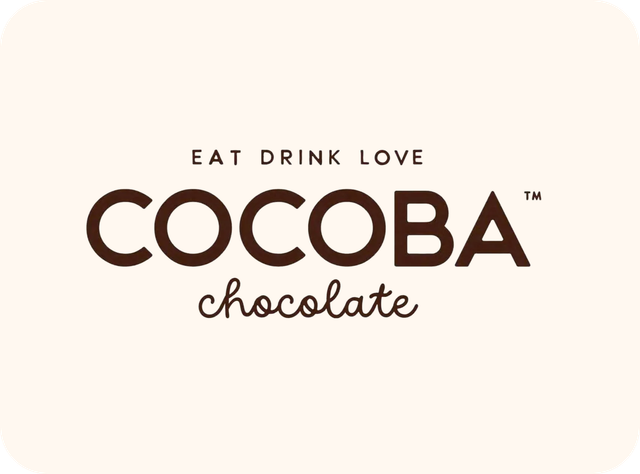 Logo for Cocoba Chocolate, with text: Eat Drink Love, and the brand name in brown, and "chocolate" below.