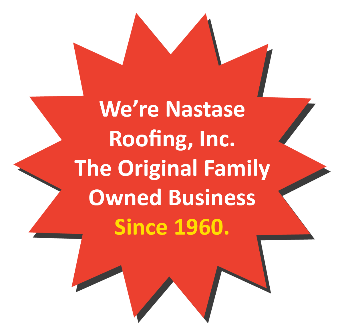 A red starburst shape with the text: We're Nastase Roofing, Inc. The Original Family Owned Business Since 1960.