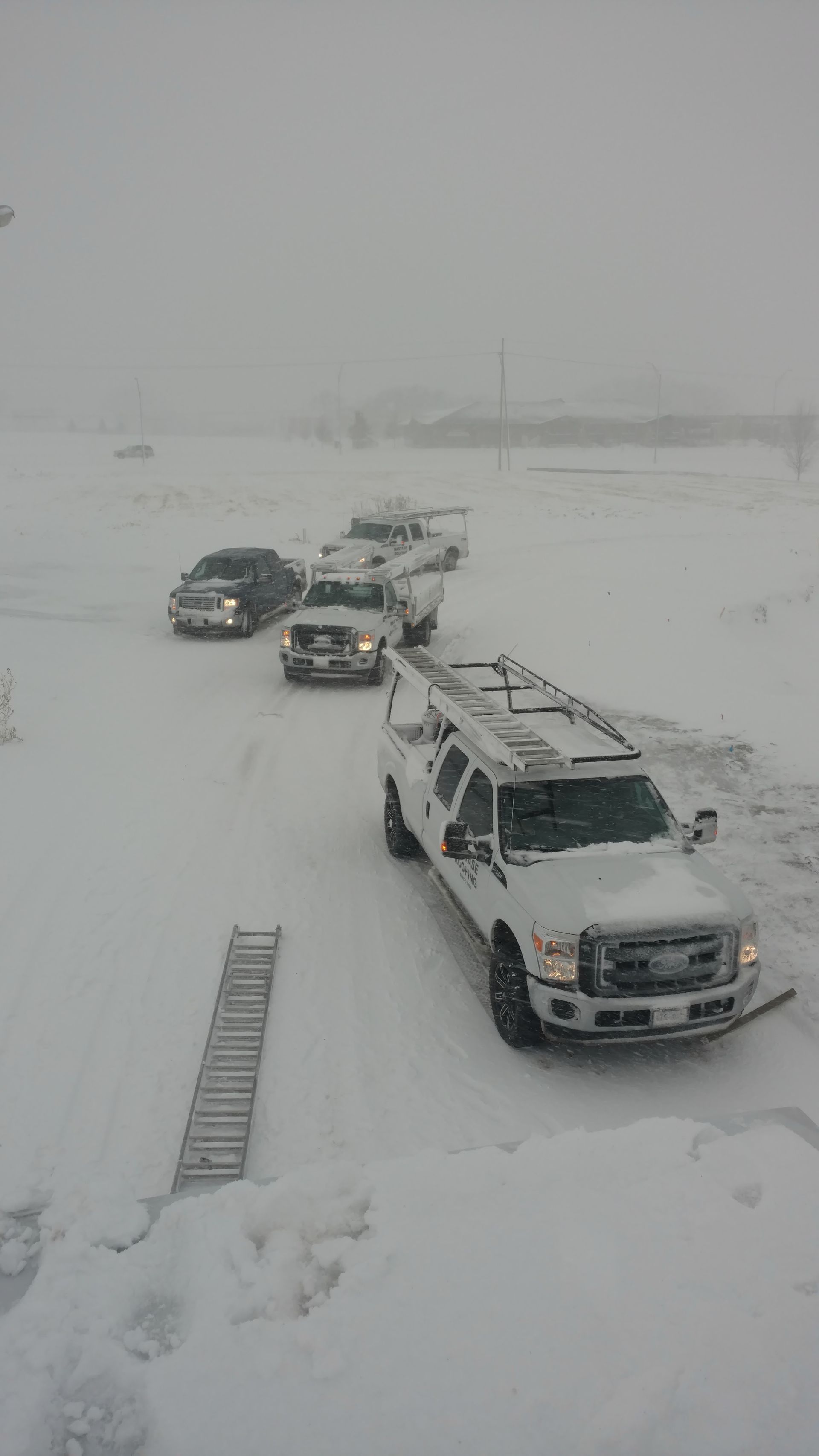 Several trucks parked in a snowy, white-out landscape with a ladder lying on the ground in the foreground.