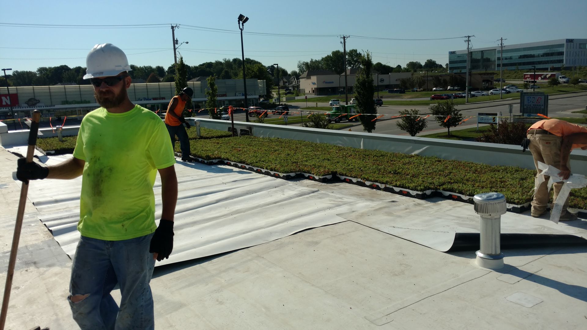 Construction workers in high-visibility shirts install a green roof on a sunny day.