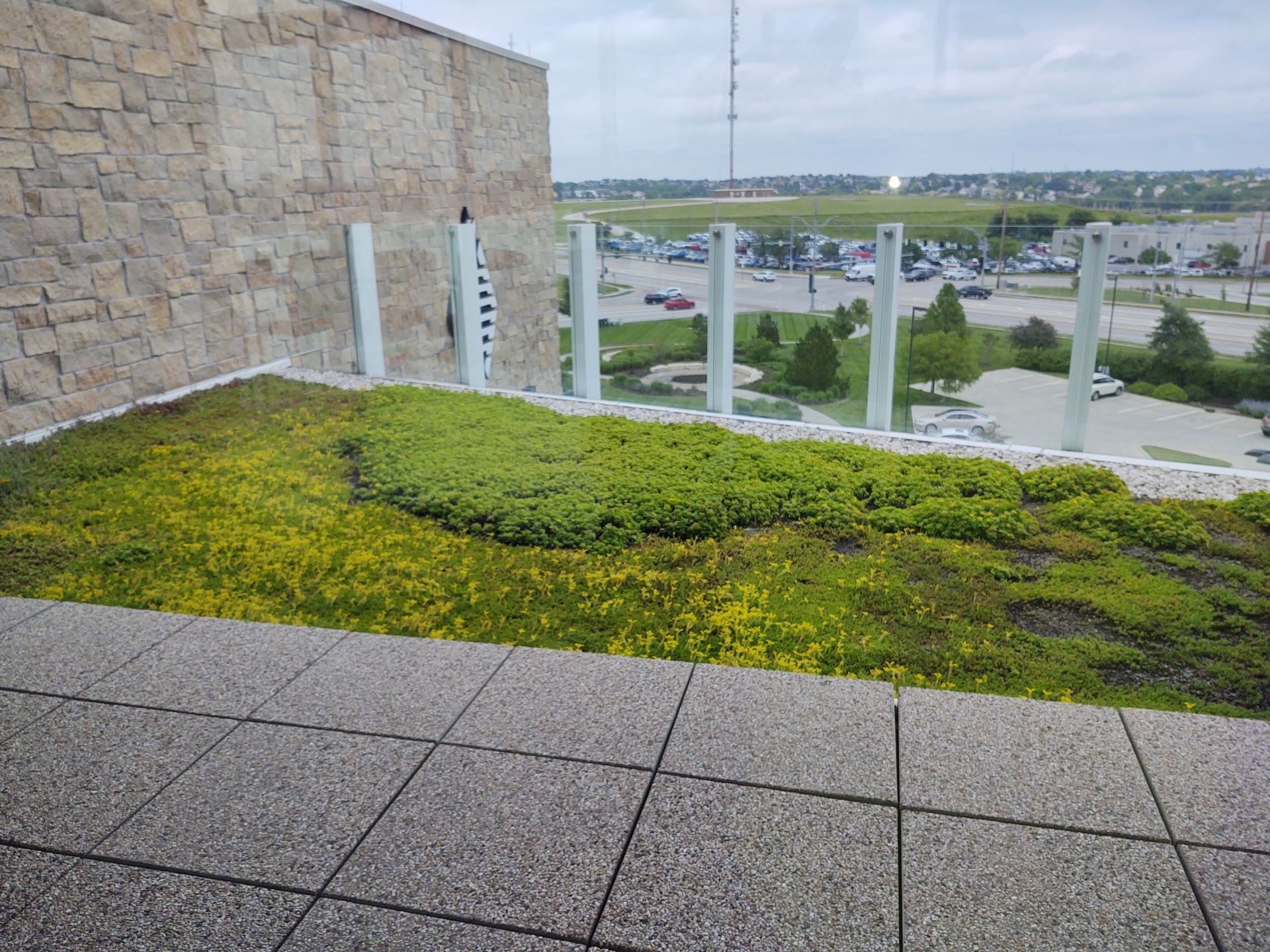 A green roof with low-lying plants next to a stone wall and stone patio tiles, overlooking a distant parking lot.