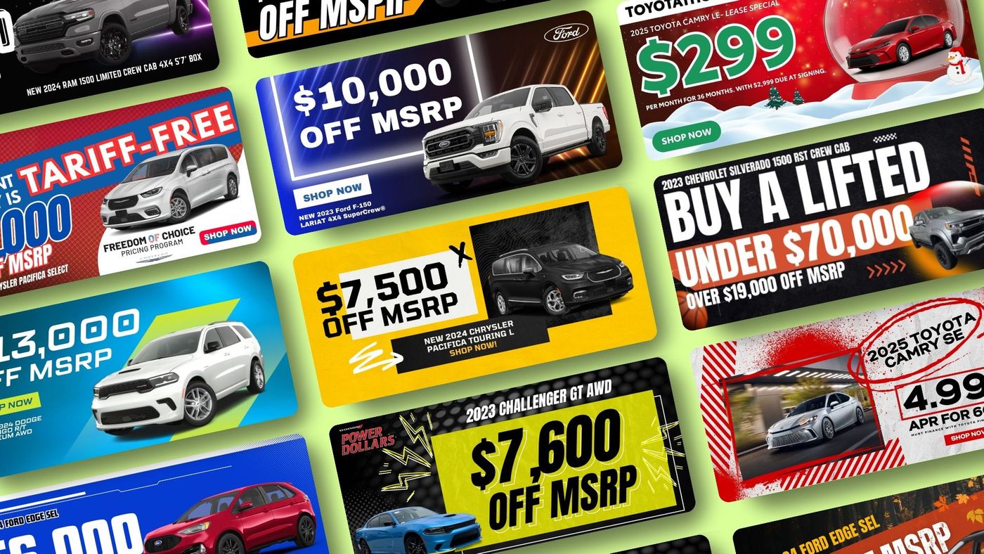 Images of custom dealership graphics, website banners.