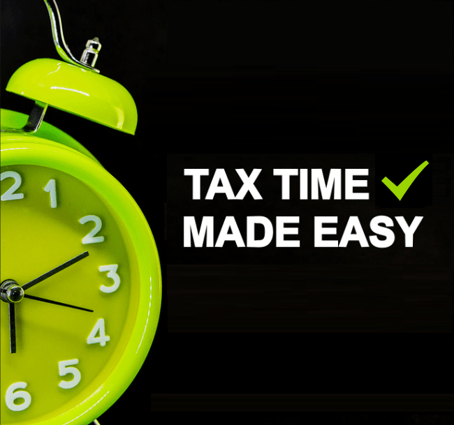 A green alarm clock with the words tax time made easy below it