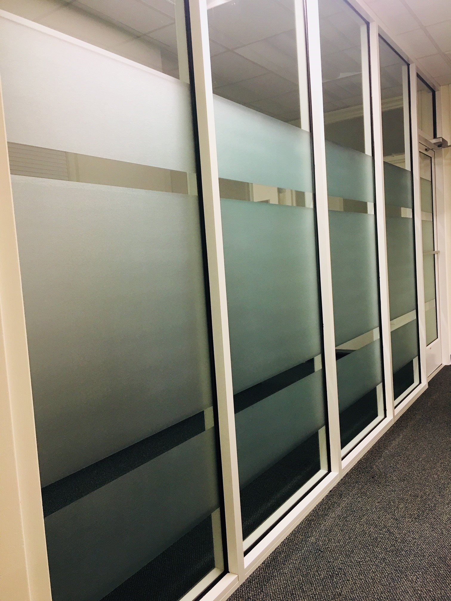 Frosted glass office windows with white frames and a hallway.
