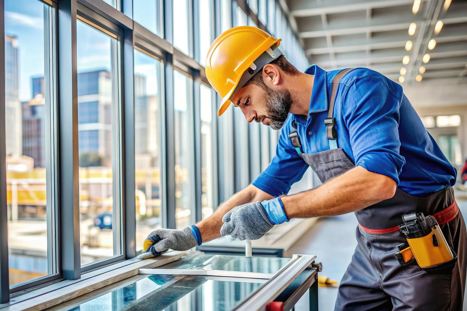 Worker in safety gear installing or cleaning a window in a high-rise building.