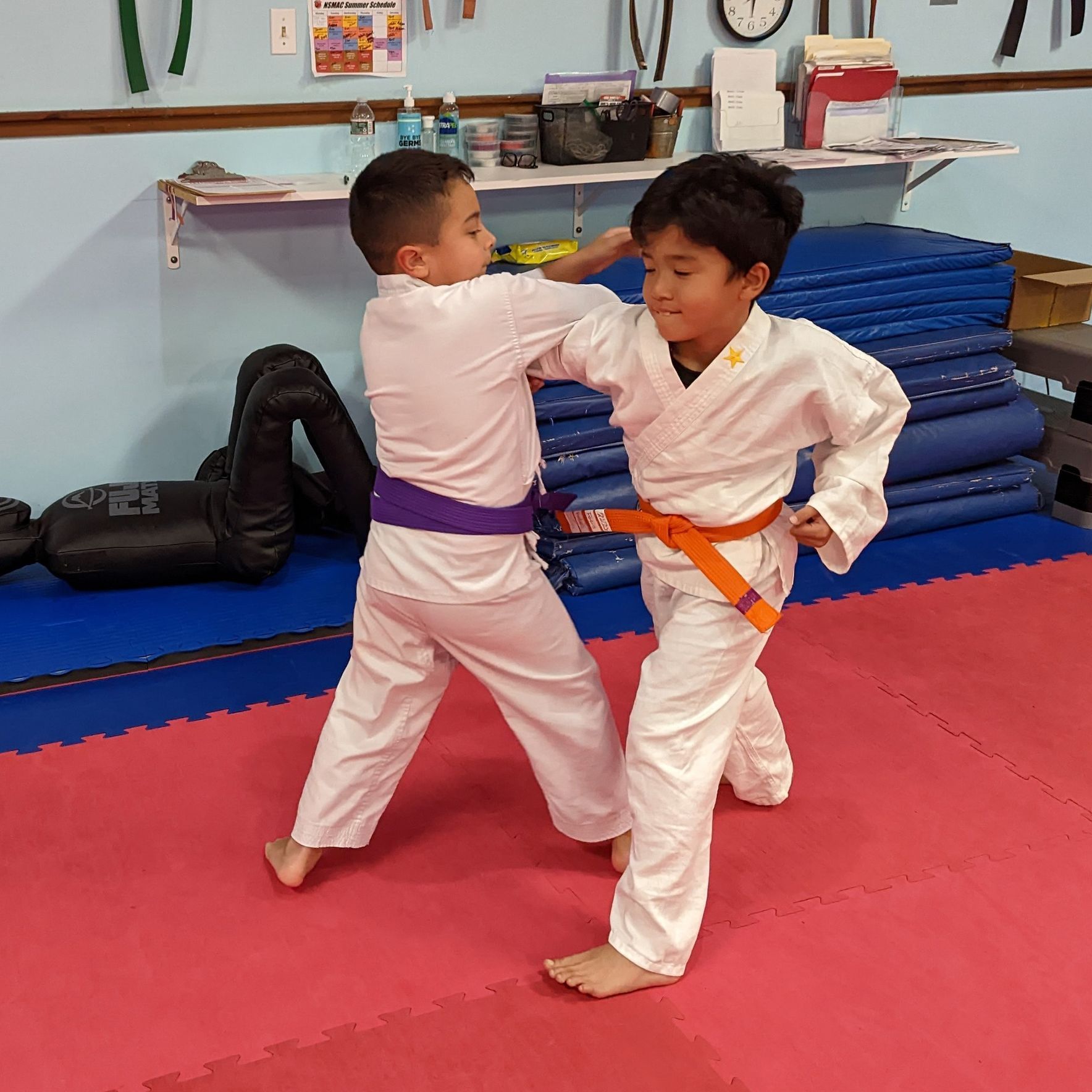 a group of kids are practicing martial arts in a gym