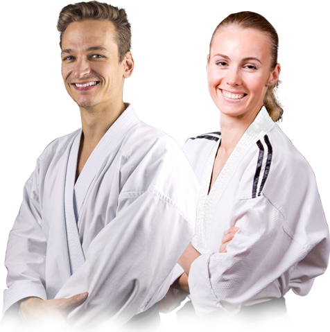 a man and a woman in white karate uniforms are smiling