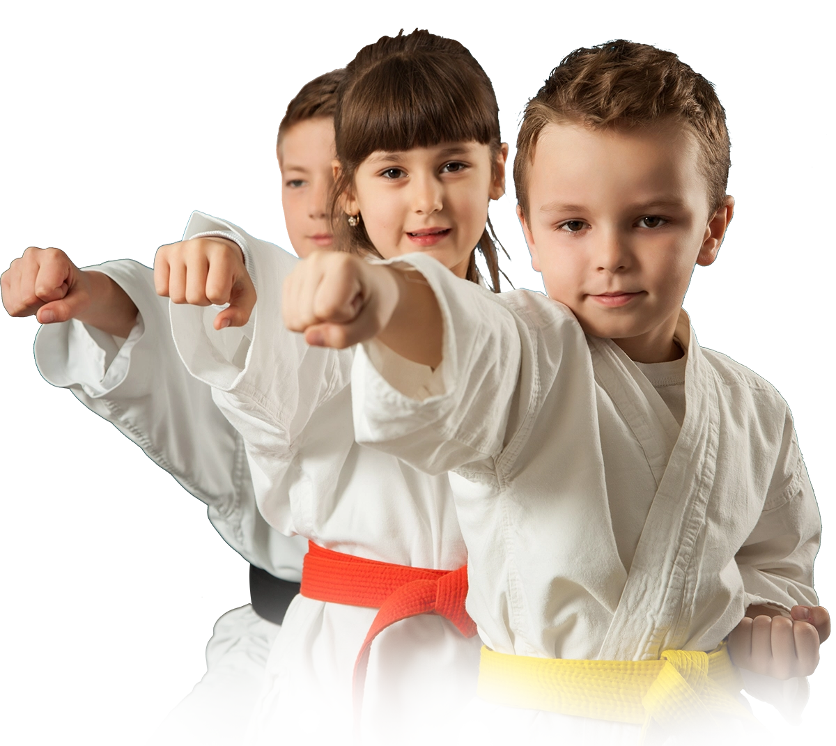 a boy and two girls in karate uniforms are pointing at the camera