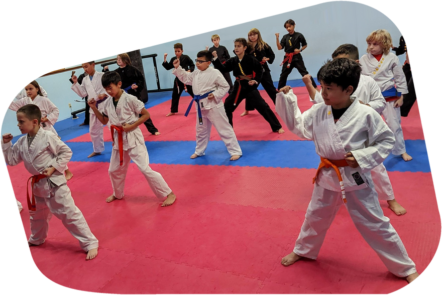 a group of young boys are practicing karate in a gym .