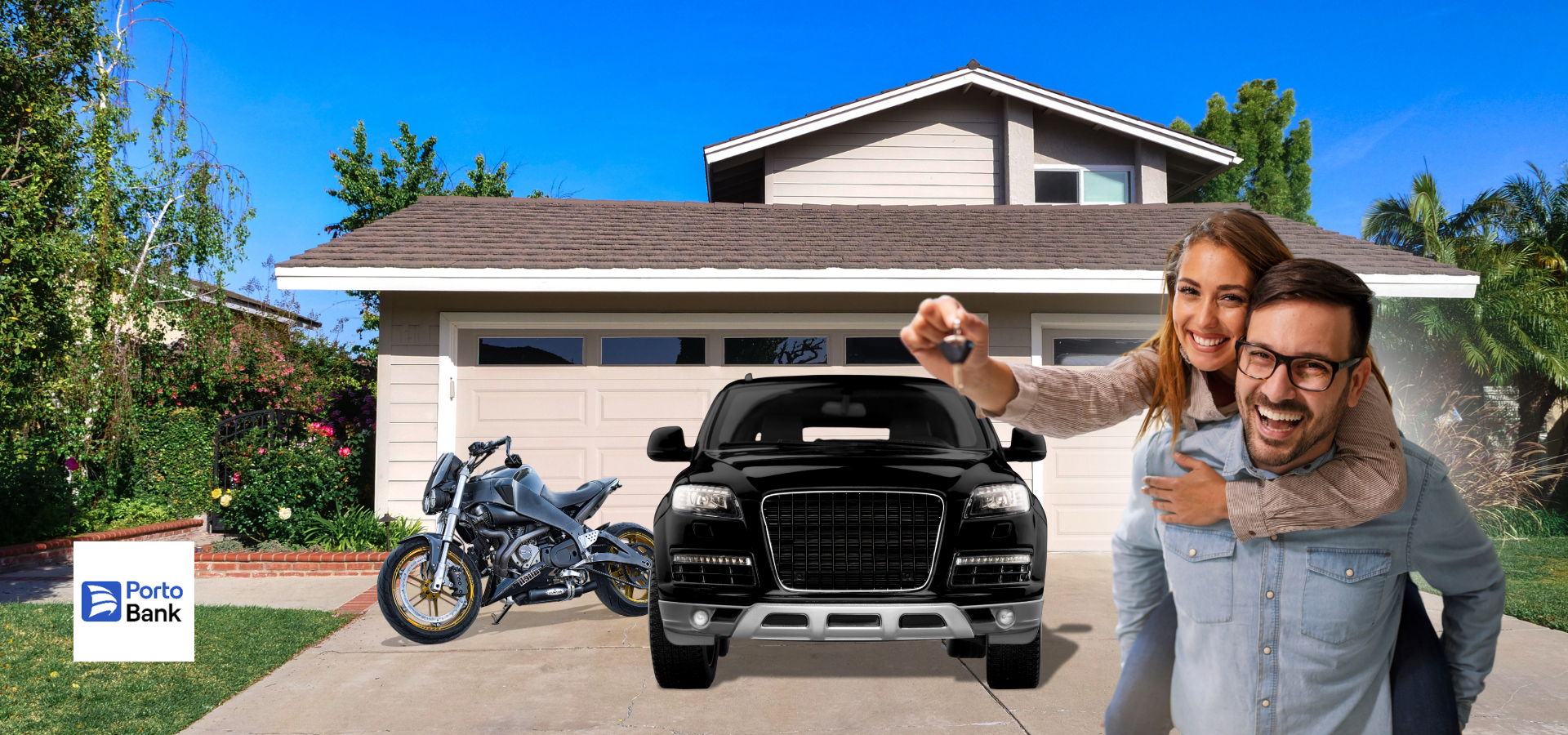 Casal feliz comemorando após a conquista de um imóvel, um carro e uma moto através do consórcio da Porto Bank. Eles estão na frente da casa, com o carro e a moto aparecendo na parte de fora da garagem.