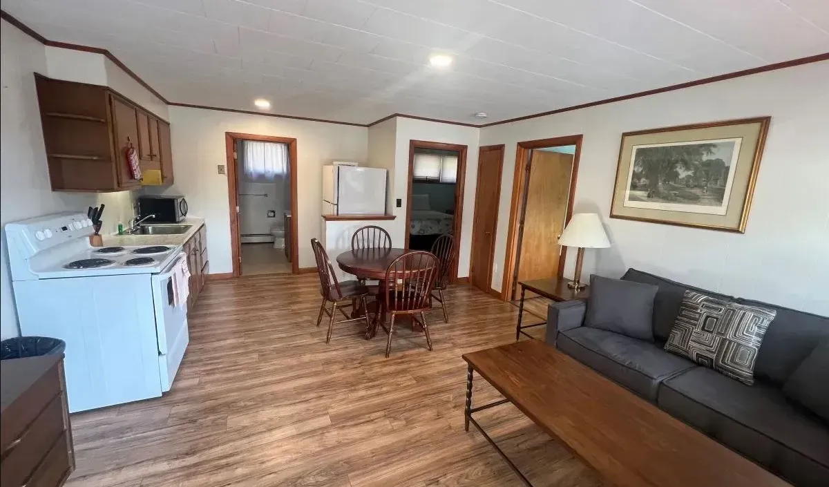 A living room with a couch , table , chairs and a stove.