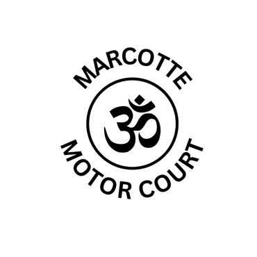 a black and white logo for marcotte motor court with an om symbol in the center .