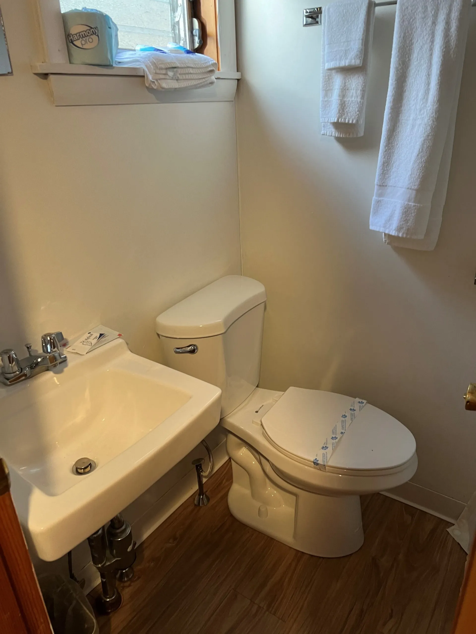 A bathroom with a toilet , sink and window.