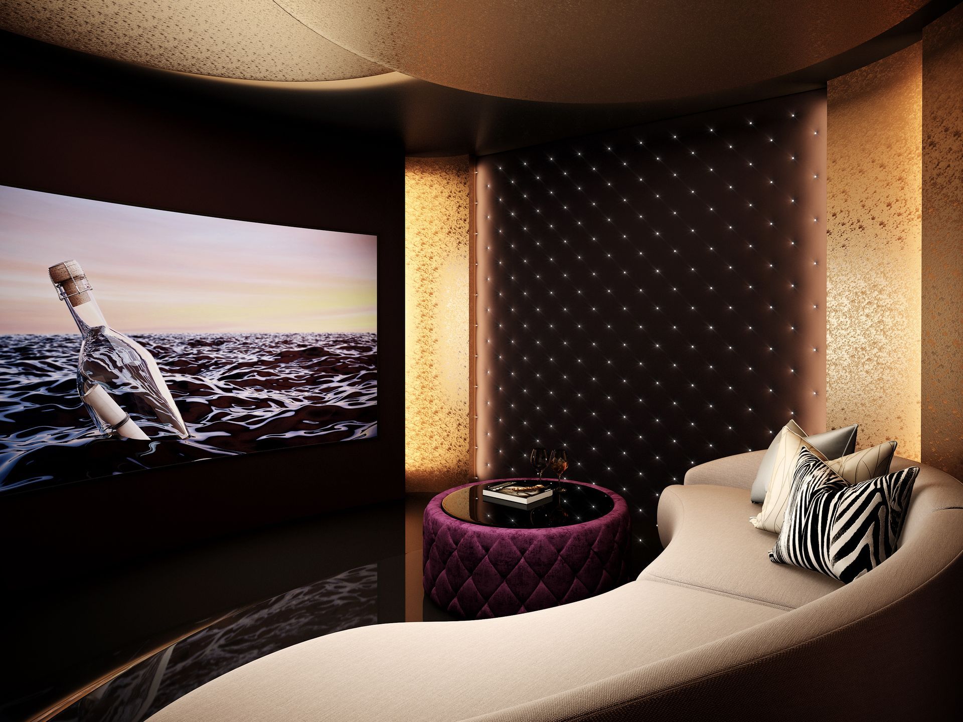Luxury home theater with a curved sofa, screen showing a message in a bottle, and decorative lighting.
