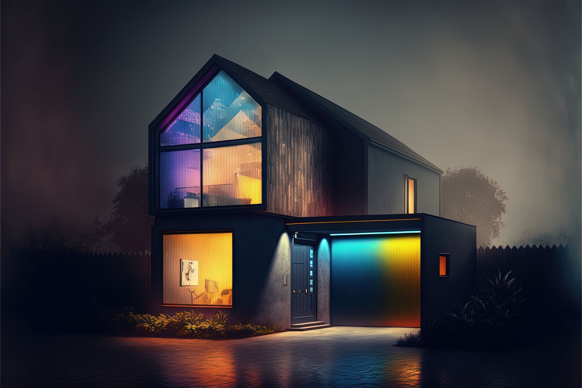 Modern house at night with colorful interior and exterior lights reflecting on the wet ground.