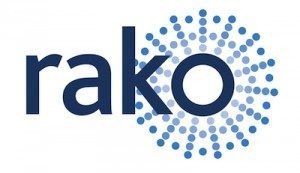 Logo for Rako, featuring dark blue text and a light blue, dotted burst design.