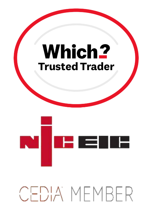 Logos for Which? Trusted Trader, NICEIC, and CEDIA member.