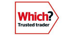 Which? Trusted trader logo in red and black within a red pentagonal frame.