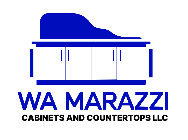 A blue and white logo for WA Marazzi Cabinets And Countertops LLC