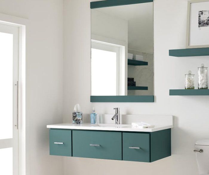 A bathroom with a sink a mirror and shelves