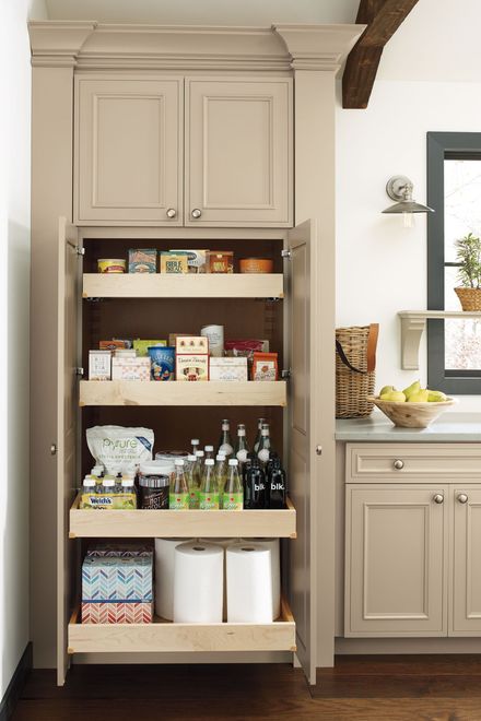 A kitchen with a pantry filled with food and bottles.