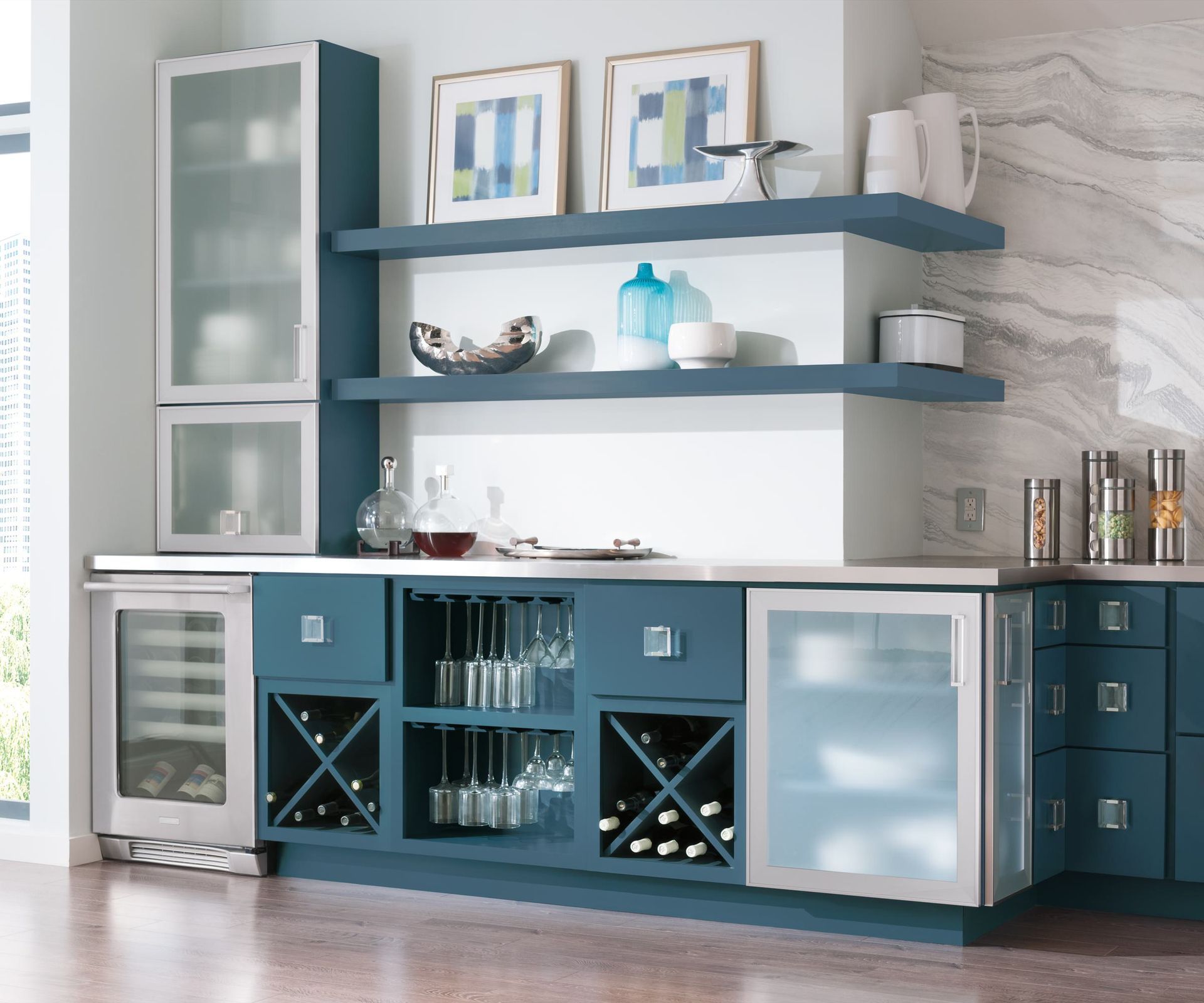 A kitchen with blue cabinets and a wine cooler