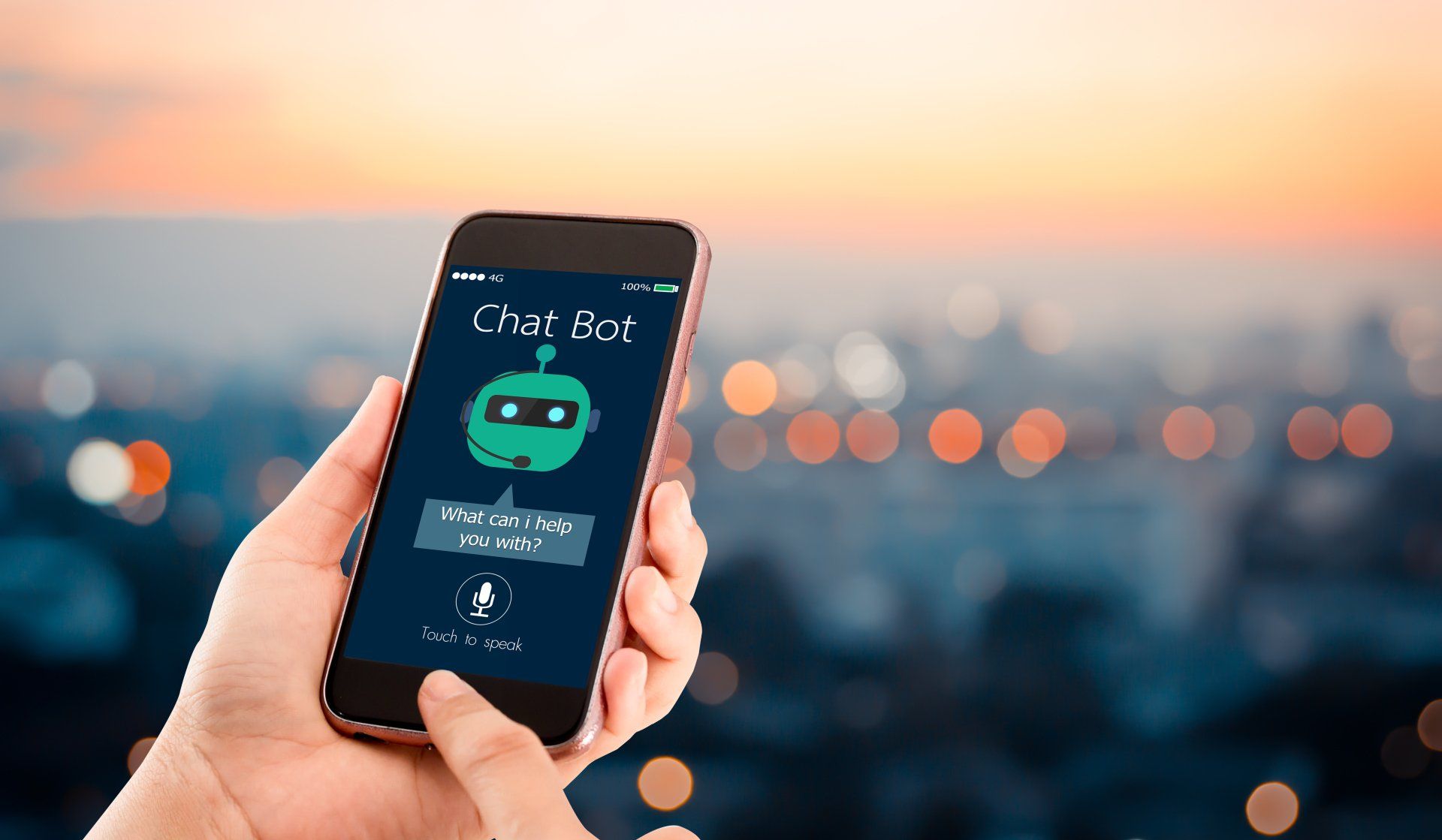 Inteligencia artificial, concepto ai bot de chat. manos sosteniendo el teléfono móvil en la ciudad urbana borrosa