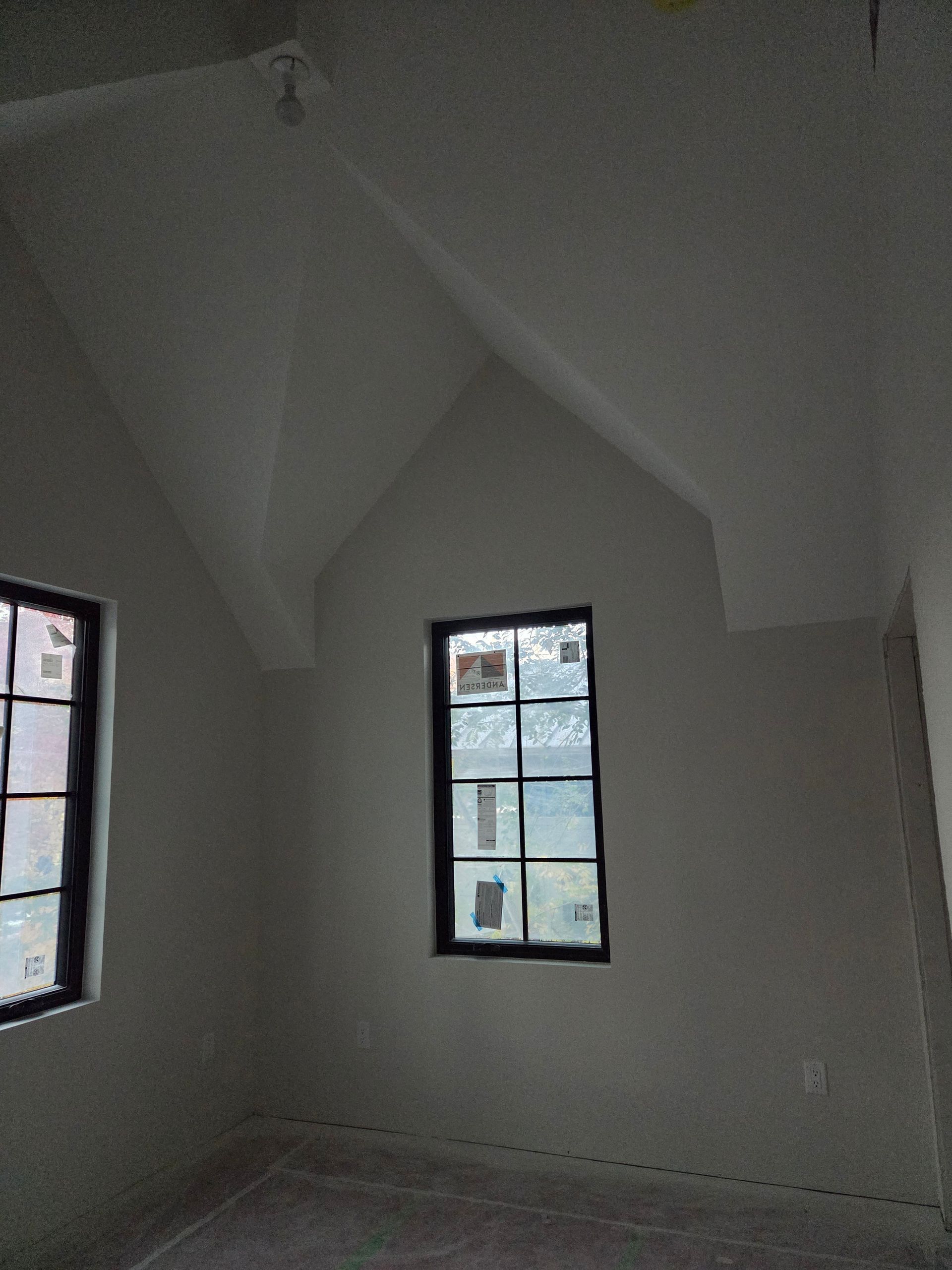 Interior view of a room with black-framed windows, angled ceiling and light-colored walls.