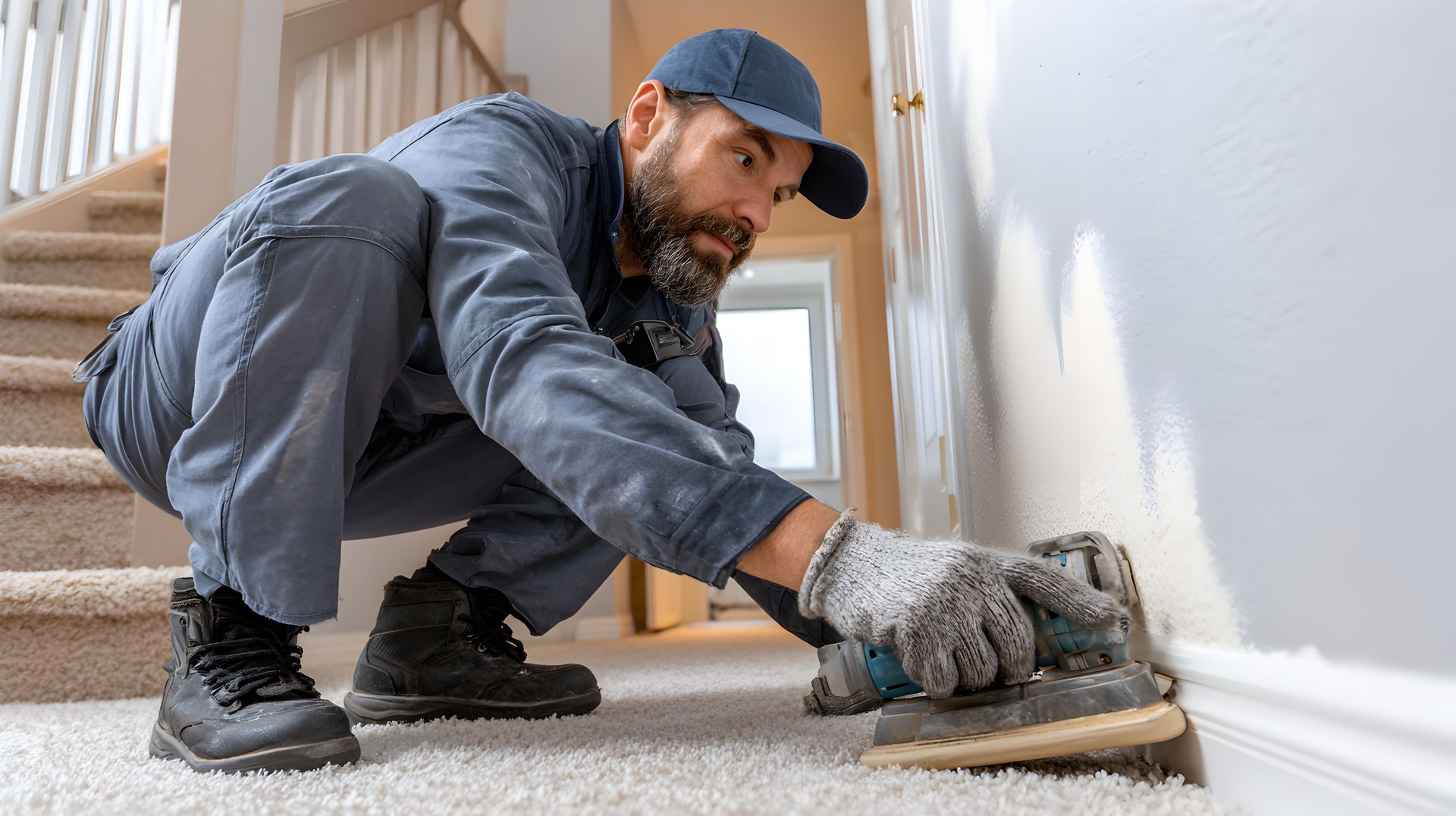 Contractor sanding drywall near baseboard for smooth wall finish.