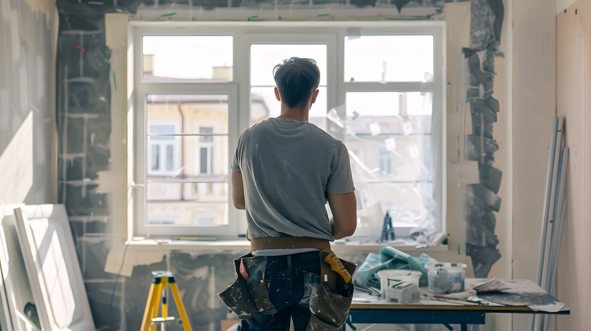 A man by a window on a ladder performing drywall repairs for drywall contractor companies.