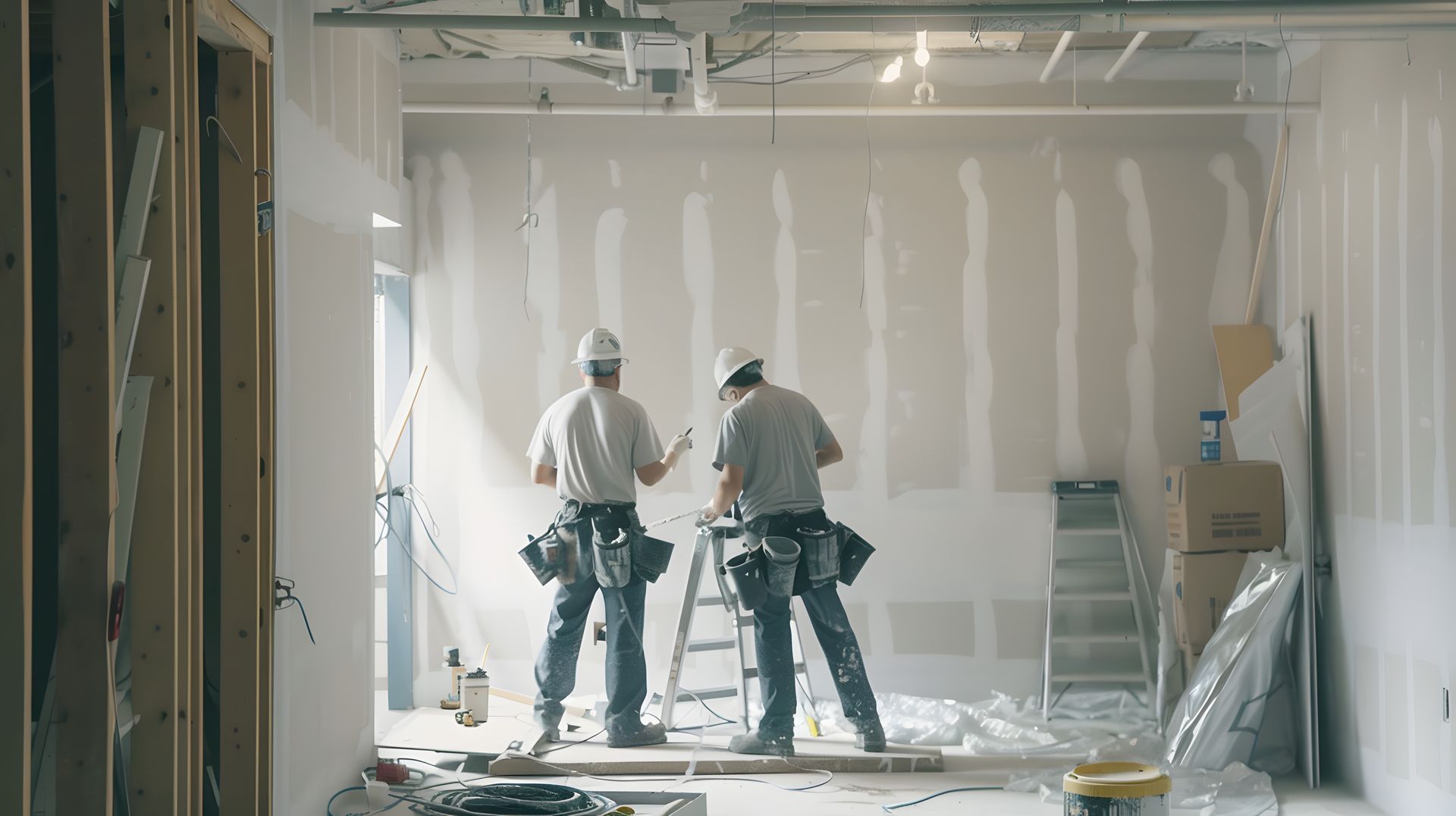 Two construction workers from drywall contractor companies finishing drywall in a room.