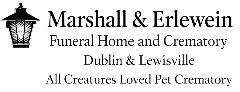 Logo for Marshall & Erlewein Funeral Home and Crematory with a street lamp. Includes locations and pet cremations.