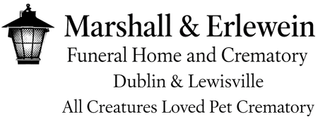 Logo for Marshall & Erlewein Funeral Home and Crematory with a street lamp. Includes locations and pet cremations.