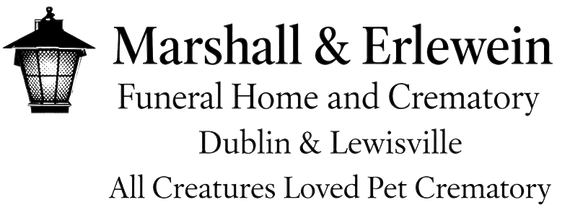 Logo for Marshall & Erlewein Funeral Home and Crematory with a street lamp. Includes locations and pet cremations.