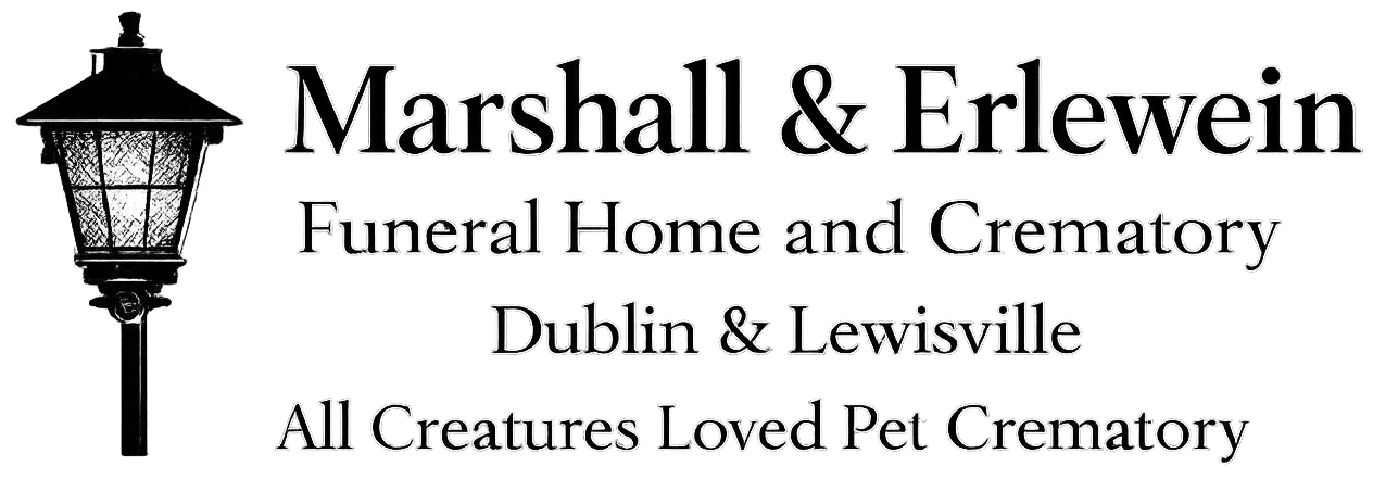 Logo for Marshall & Erlewein Funeral Home and Crematory with a street lamp. Includes locations and pet cremations.