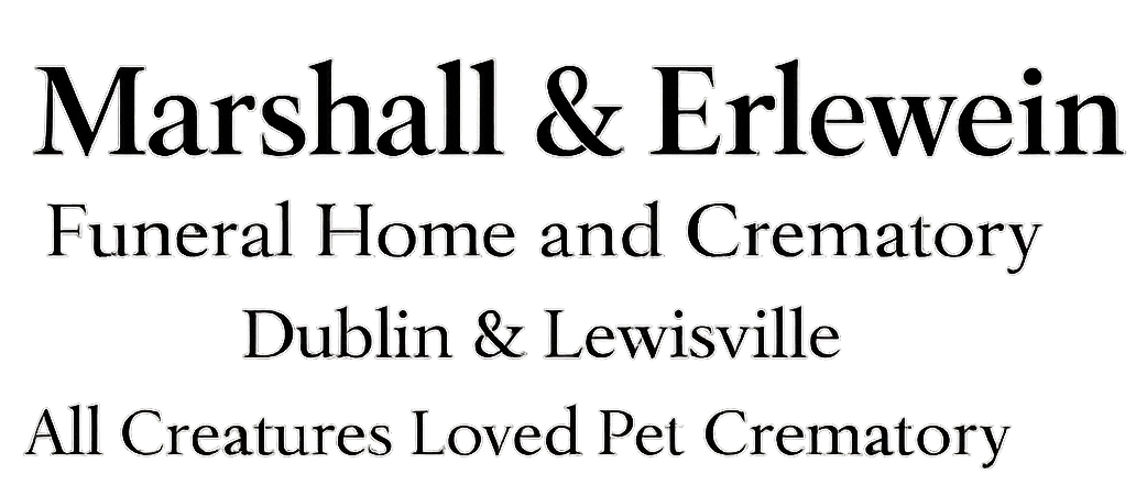 Logo for Marshall & Erlewein Funeral Home and Crematory with a street lamp. Includes locations and pet cremations.