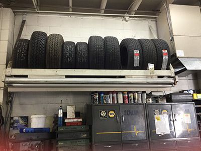 Interior of shop with wall of tires in Victoria